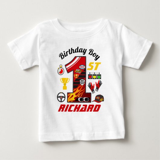 最初の誕生日車 |レーシング誕生日ボーイ ベビーTシャツ (正面)