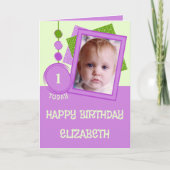 最初の誕生日1今日の名前フォトパープルグリーン カード (正面)