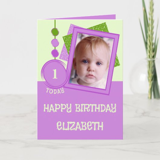 最初の誕生日1今日の名前フォトパープルグリーン カード (正面)