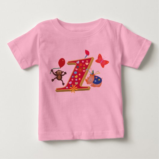 最初の誕生日：かわいい動物とおもしろい ベビーTシャツ (正面)
