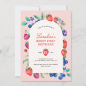 最初の誕生日 ストロベリー ブルーベリー バースデー 招待状 (正面)