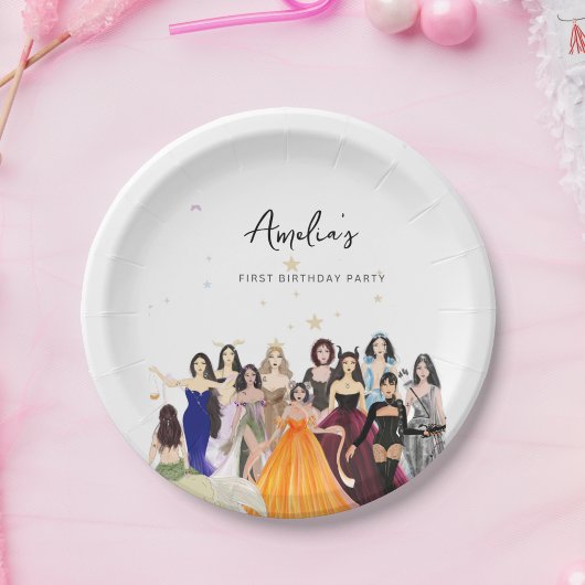 最初の誕生日、女の子の誕生日、〔占星術の〕十二宮図テーマ ペーパープレート