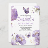 最初の誕生日、紫と金ゴールドの花蝶 招待状 (正面/裏面)