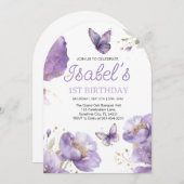 最初の誕生日、紫と金ゴールドの花蝶 招待状 (正面/裏面)