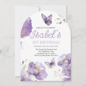 最初の誕生日、紫と金ゴールドの花蝶 招待状 (正面)