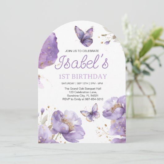 最初の誕生日、紫と金ゴールドの花蝶 招待状 (スタンド正面)