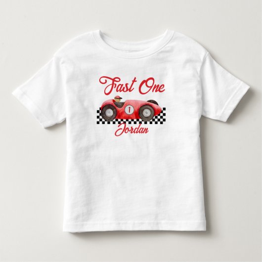 最初の誕生日 赤いレースカー 速い1歳 トドラーTシャツ (正面)