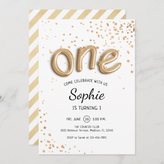 最初の誕生日-金ゴールド白 招待状 (正面/裏面)