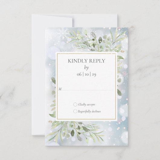 最初の雪の葉緑の冬の結婚式 出欠カード (正面)