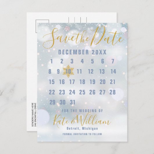 最初の雪片カレンダー日付の保存 案内ポストカード (正面/裏面)