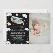 最初の飛行機の誕生日招待状ブラックw写真 招待状 (正面)