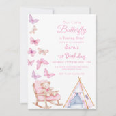 最初の1歳の誕生日かわいいクマLiTlle蝶 招待状 (正面)