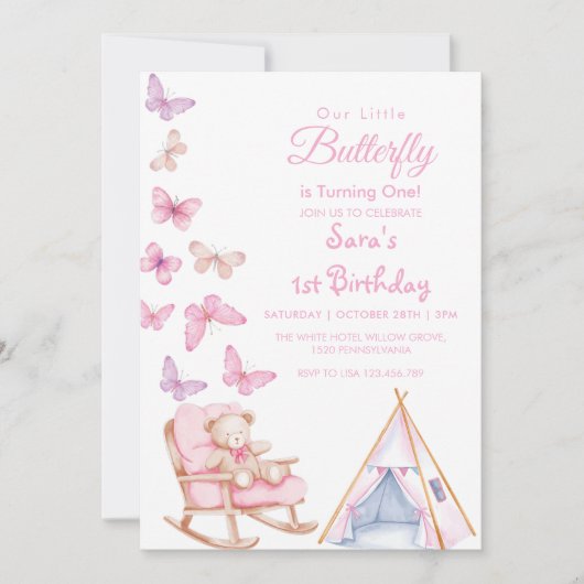 最初の1歳の誕生日かわいいクマLiTlle蝶 招待状 (正面)