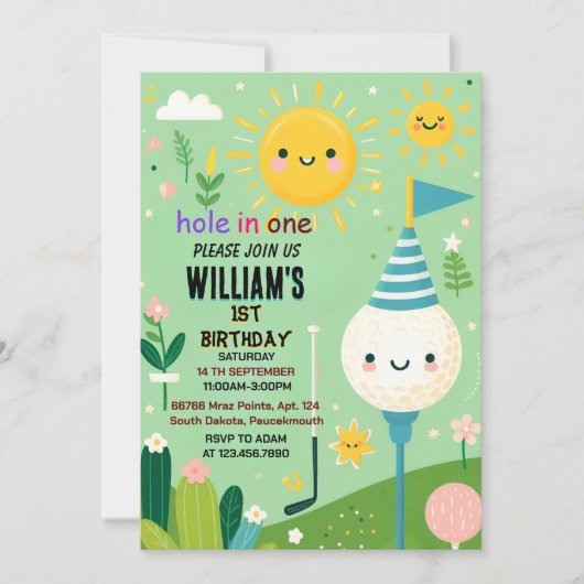 最初の1歳の誕生日に可愛い男の子のゴルフホール 招待状 (正面)