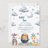 最初の1歳の誕生日サファリワイルドワン動物 招待状 (正面)