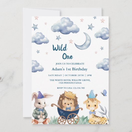最初の1歳の誕生日サファリワイルドワン動物 招待状 (正面)