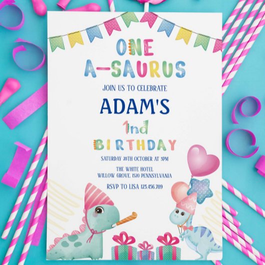 最初の1歳の誕生日パーティー2恐竜 招待状
