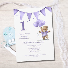 最初の1歳の誕生日パーティー 赤ちゃん 男の子 クマ 風船 招待状
