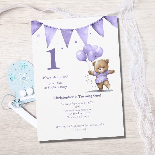 最初の1歳の誕生日パーティー 赤ちゃん 男の子 クマ 風船 招待状