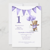 最初の1歳の誕生日パーティー 赤ちゃん 男の子 クマ 風船 招待状 (正面)