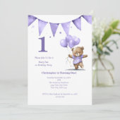 最初の1歳の誕生日パーティー 赤ちゃん 男の子 クマ 風船 招待状 (スタンド正面)