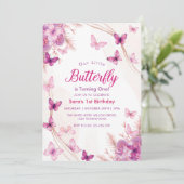 最初の1歳の誕生日パープルフローラ蝶ガール 招待状 (スタンド正面)