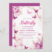 最初の1歳の誕生日パープルフローラ蝶ガール 招待状 (正面/裏面)