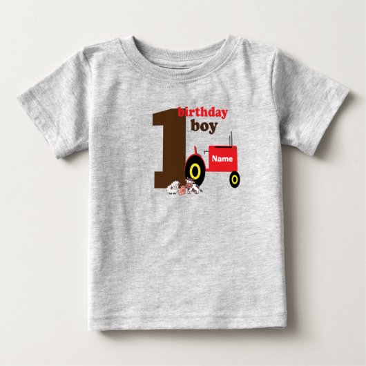 最初の1歳の誕生日ボーイファーム古いテーマトラクター ベビーTシャツ (正面)