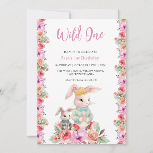 最初の1歳の誕生日ワイルドワンフローラパーティー 招待状 (正面)