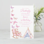最初の1歳の誕生日 かわいいクマちゃん リトルバタフライ 招待状 (スタンド正面)