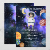 最初の1歳の誕生日 宇宙飛行士 銀河 惑星 招待状 (正面/裏面)