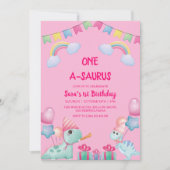 最初の1歳の誕生日 恐竜と虹 ピンク 招待状 (正面)