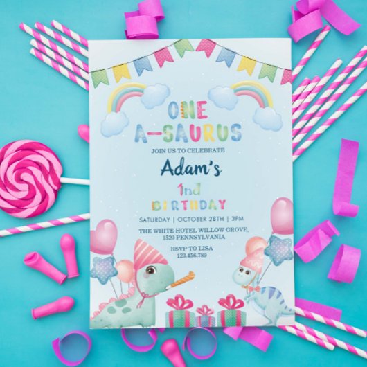 最初の1歳の誕生日 恐竜と虹、ライトブルー 招待状