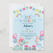 最初の1歳の誕生日 恐竜と虹、ライトブルー 招待状 (正面)