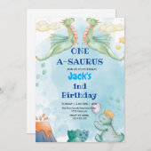最初の1歳の誕生日 恐竜 ウォーターカラー 淡い青 招待状 (正面/裏面)