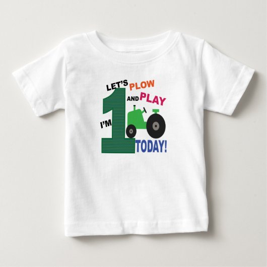 最初の1歳の誕生日 – 緑のトラクターの鋤と ベビーTシャツ (正面)