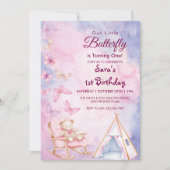 最初の1歳の誕生日WatercoloBear LiTlle蝶 招待状 (正面)
