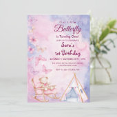 最初の1歳の誕生日WatercoloBear LiTlle蝶 招待状 (スタンド正面)