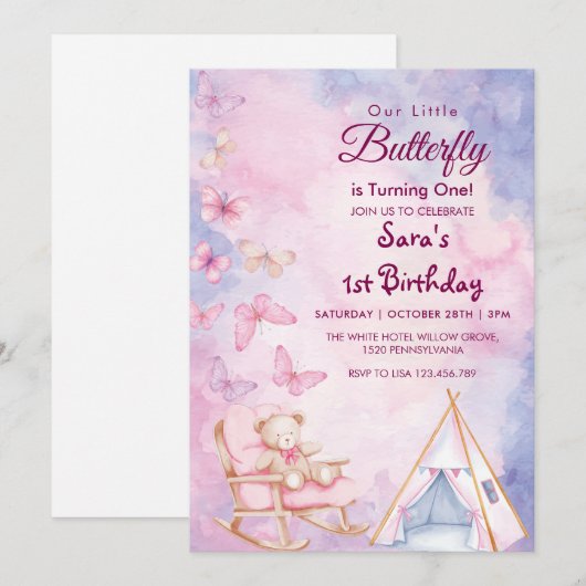 最初の1歳の誕生日WatercoloBear LiTlle蝶 招待状 (正面/裏面)