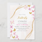 最初の1番目の誕生日の水の色蝶パーティー 招待状 (正面)