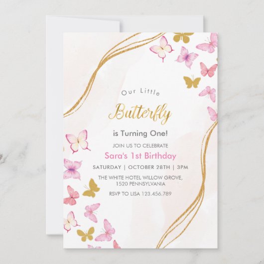 最初の1番目の誕生日の水の色蝶パーティー 招待状 (正面)