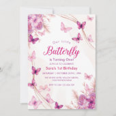 最初の1番目の誕生日パープルフローラ蝶パーティー 招待状 (正面)