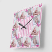 最初の12ヶ月ベビーフォトコラージピンクバタフライ スクエア壁時計 (傾斜)