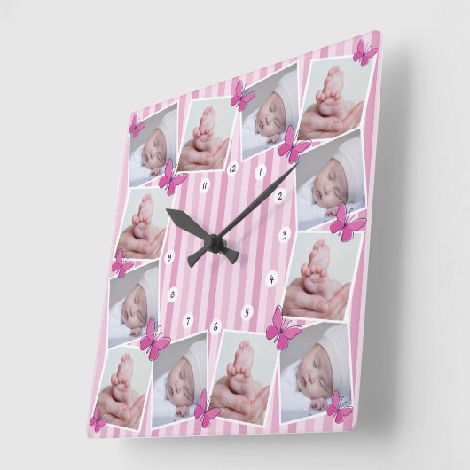 最初の12ヶ月ベビーフォトコラージピンクバタフライ スクエア壁時計 (傾斜)