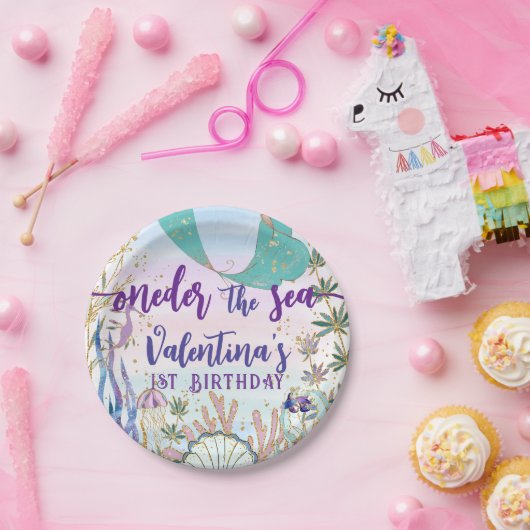 最初の1stワンダーザシー誕生日マーメイドグリッター ペーパープレート (パーティー)