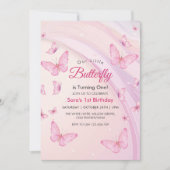最初の1th誕生日ベビーガール蝶パーティー 招待状 (正面)