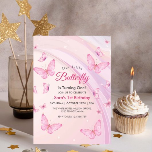 最初の1th誕生日ベビーガール蝶パーティー 招待状