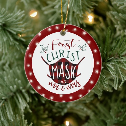 最初のChristMASKはバッファロー夫妻の写真をチェック セラミックオーナメント (ツリー)
