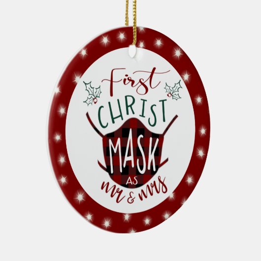 最初のChristMASKはバッファロー夫妻の写真をチェック セラミックオーナメント (右)