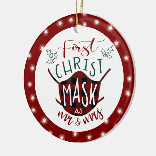 最初のChristMASKはバッファロー夫妻の写真をチェック セラミックオーナメント (左)